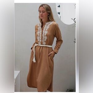 NWT EX VOTO Elegant Tan Embroidered Dress SZ M 100% cotton
